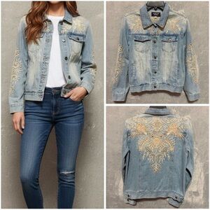 Johnny Was Denim Jacket Women XS Light Blue Cream Embroidered Iva Casual Jacket